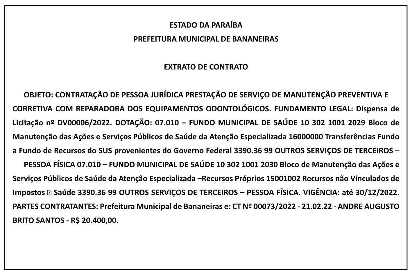 PREFEITURA MUNICIPAL DE BANANEIRAS – EXTRATO DE CONTRATO