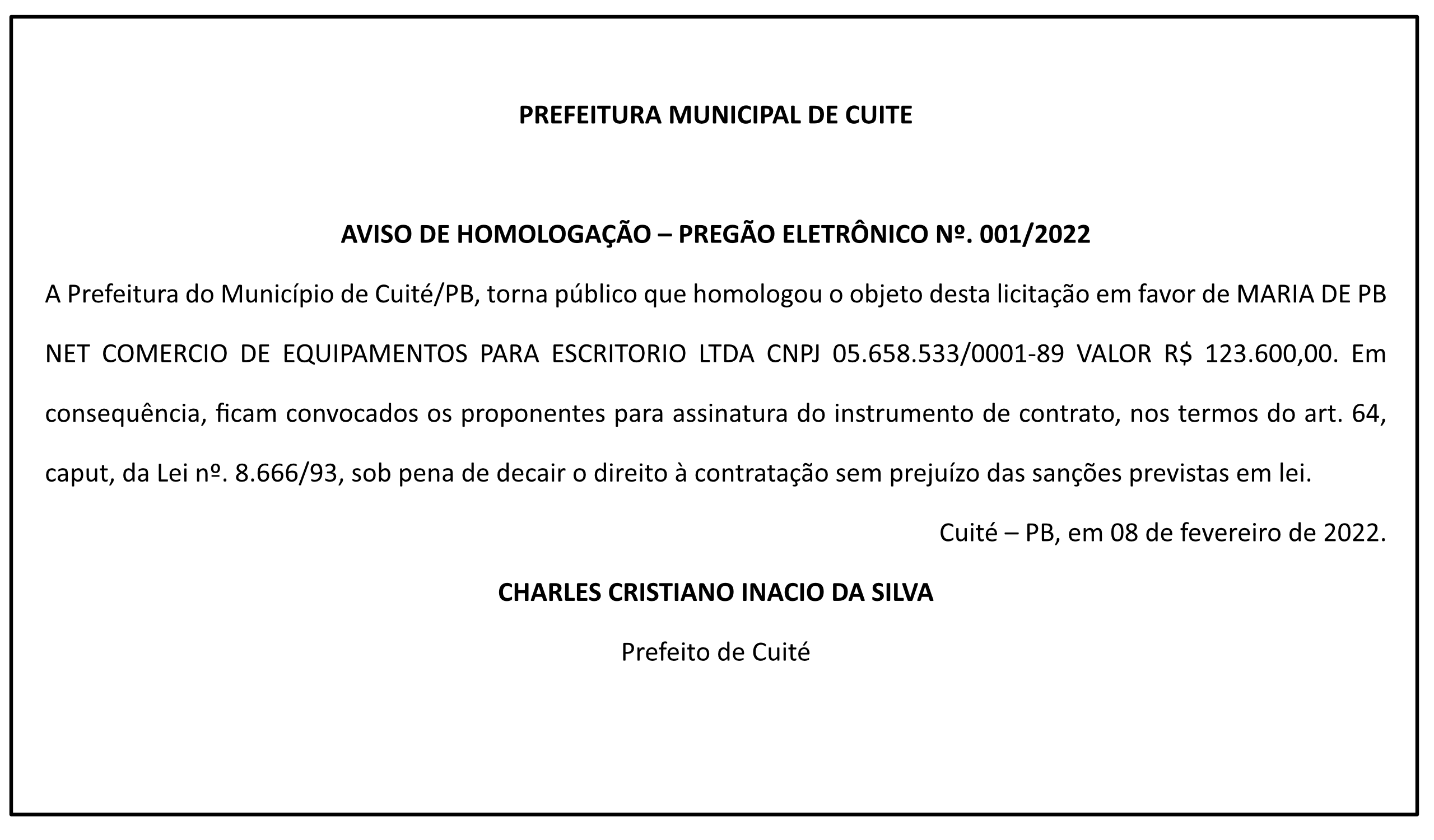 PREFEITURA MUNICIPAL DE CUITÉ – AVISO DE ADJUDICAÇÃO – PREGÃO ELETRÔNICO Nº 001/2022