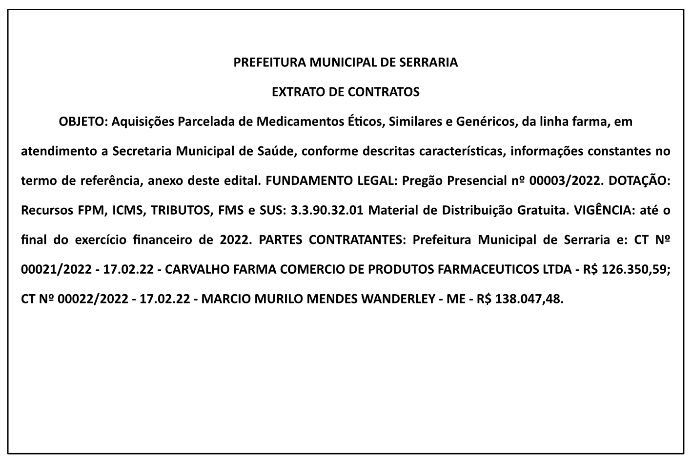 PREFEITURA MUNICIPAL DE SERRARIA – EXTRATO DE CONTRATOS