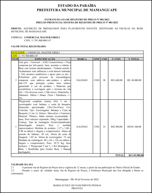 PREFEITURA MUNICIPAL DE MAMANGUAPE – EXTRATO DA ATA DE REGISTRO DE PREÇO Nº 001/2022 – PREGÃO PRESENCIAL – SISTEMA DE REGISTRO DE PREÇO Nº 001/2022