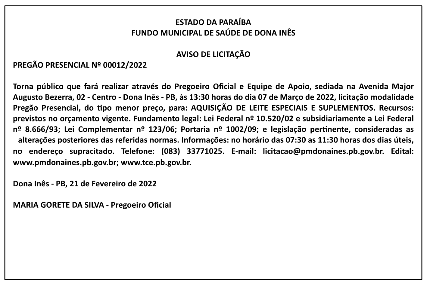FUNDO MUNICIPAL DE SAÚDE DE DONA INÊS – AVISO DE LICITAÇÃO – PREGÃO PRESENCIAL Nº 00012/2022