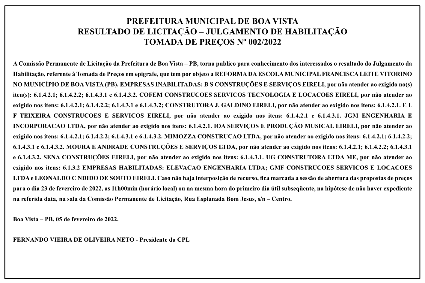 RESULTADO DE LICITAÇÃO – JULGAMENTO DE HABILITAÇÃO – TOMADA DE PREÇOS Nº 002/2022