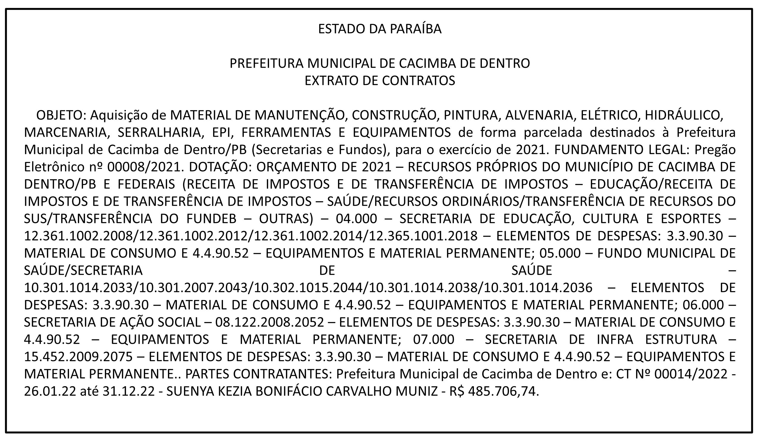 PREFEITURA MUNICIPAL DE CACIMBA DE DENTRO – EXTRATO DE CONTRATOS
