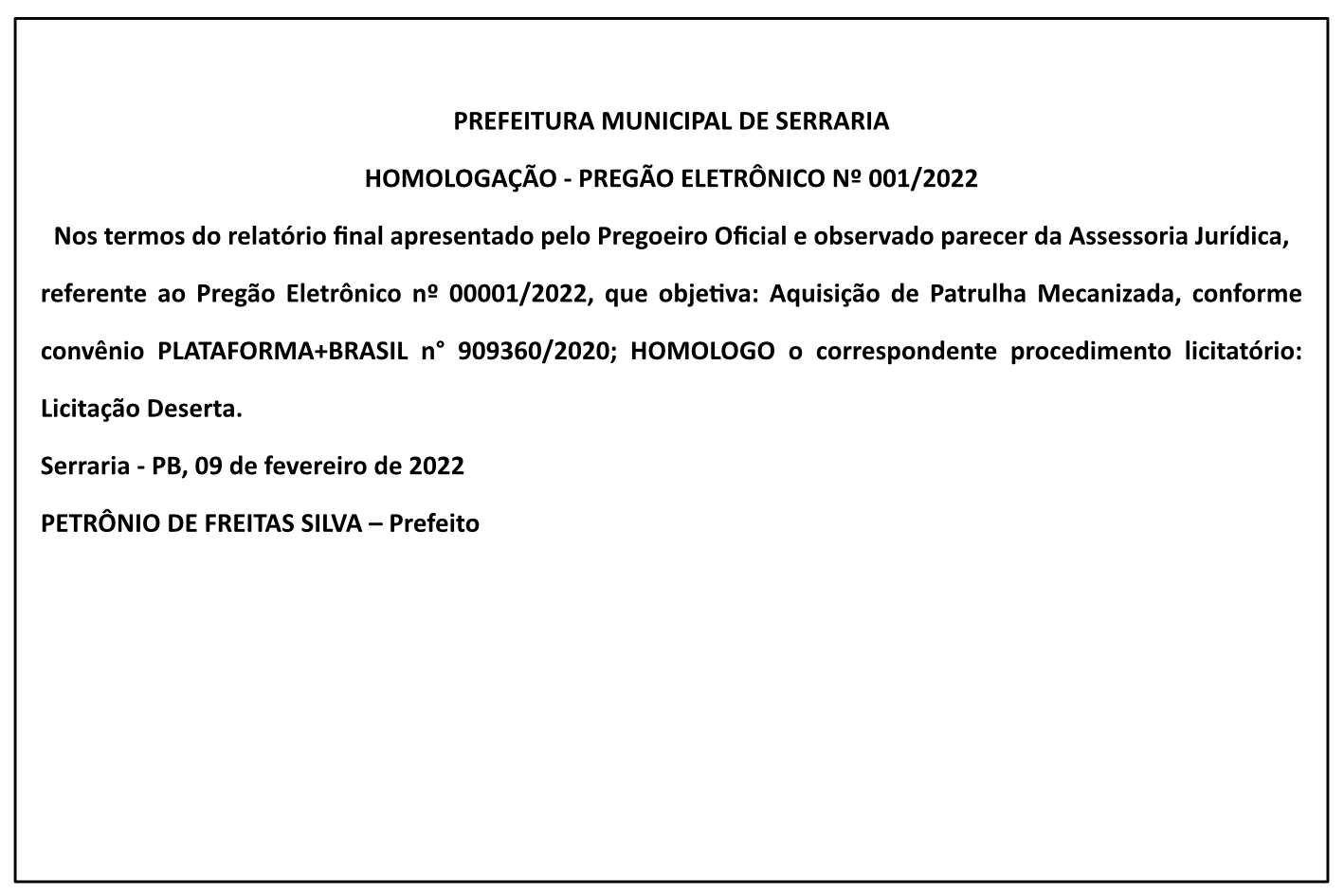 PREFEITURA MUNICIPAL DE SERRARIA – HOMOLOGAÇÃO – PREGÃO ELETRÔNICO Nº 001/2022
