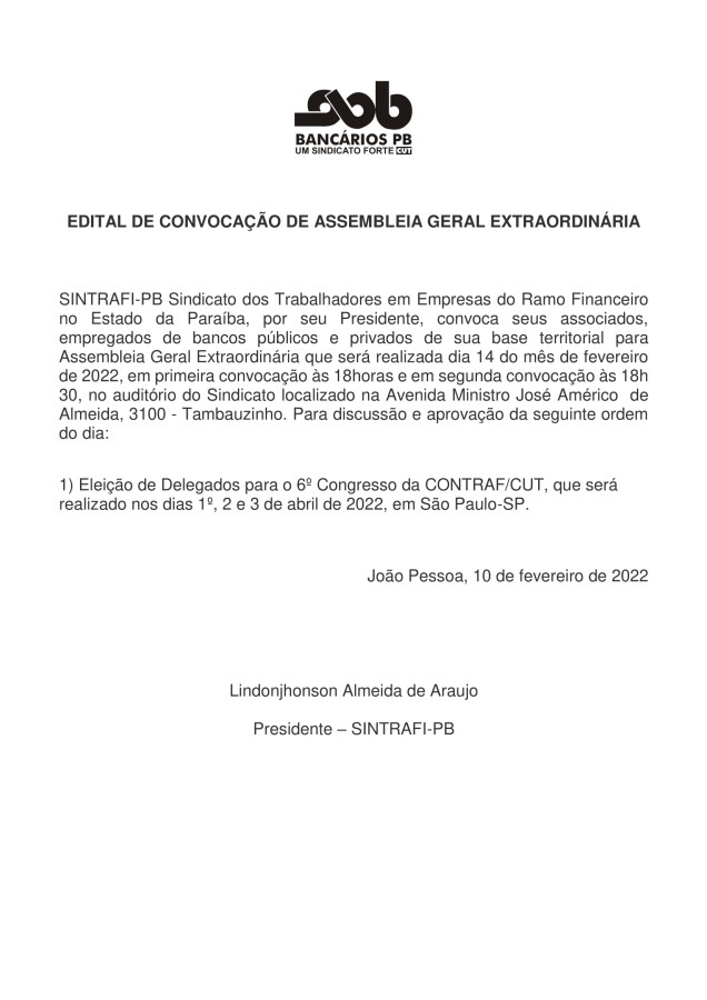 SINTRAFI-PB – EDITAL DE CONVOCAÇÃO DE ASSEMBLEIA GERAL EXTRAORDINÁRIA