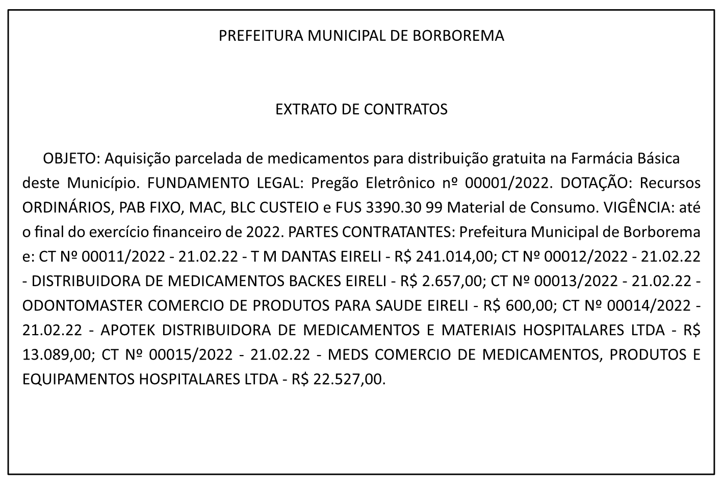 PREFEITURA MUNICIPAL DE BORBOREMA – EXTRATO DE CONTRATOS