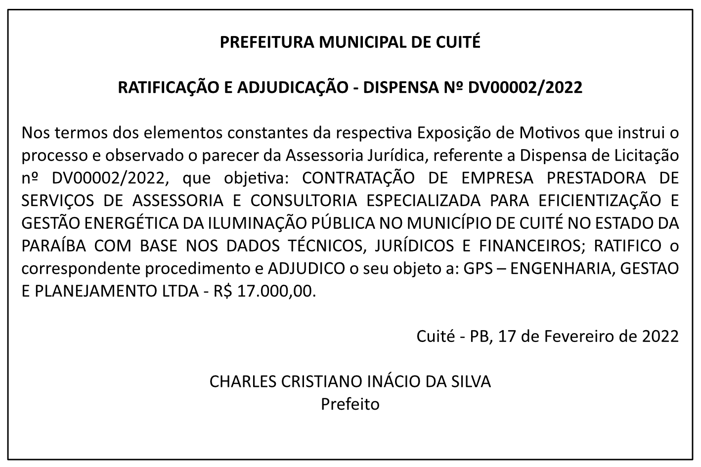 PREFEITURA MUNICIPAL DE CUITÉ – RATIFICAÇÃO E ADJUDICAÇÃO – DISPENSA Nº DV00002/2022