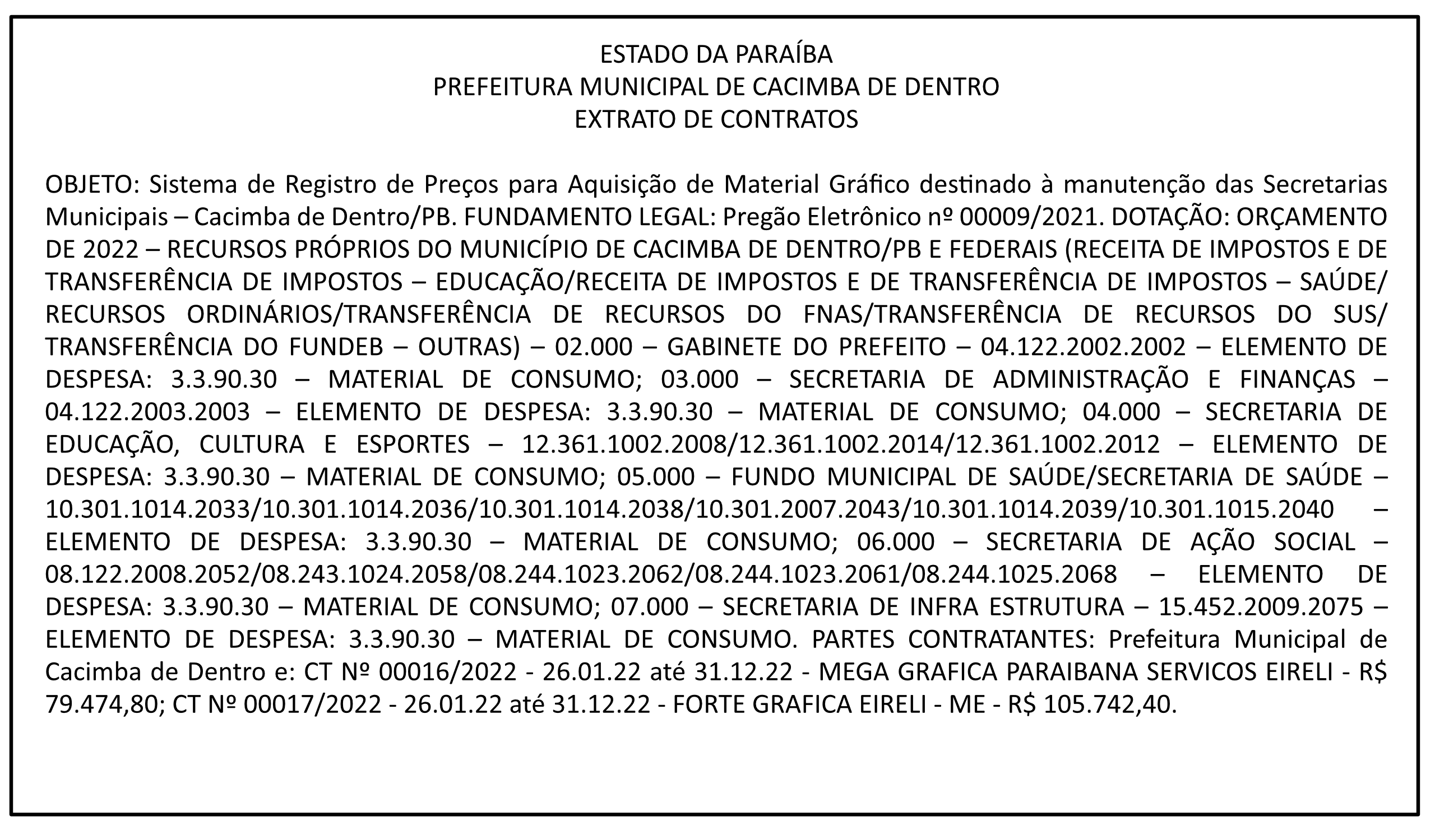 PREFEITURA MUNICIPAL DE CACIMBA DE DENTRO – EXTRATO DE CONTRATOS