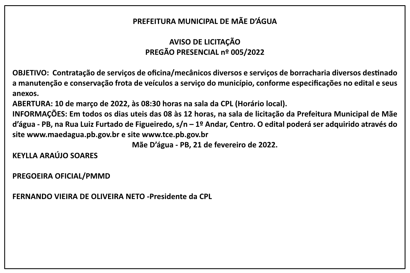 PREFEITURA MUNICIPAL DE MÃE D’ÁGUA – AVISO DE LICITAÇÃO – PREGÃO PRESENCIAL Nº 005/2022