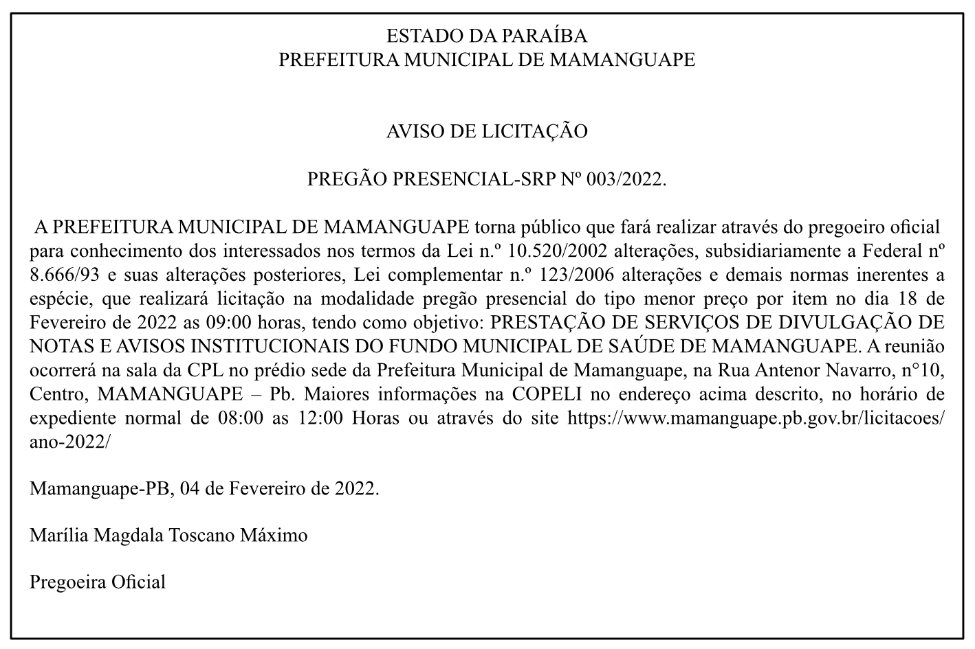 PREFEITURA MUNICIPAL DE MAMANGUAPE – AVISO DE LICITAÇÃO – PREGÃO PRESENCIAL-SRP Nº 003/2022