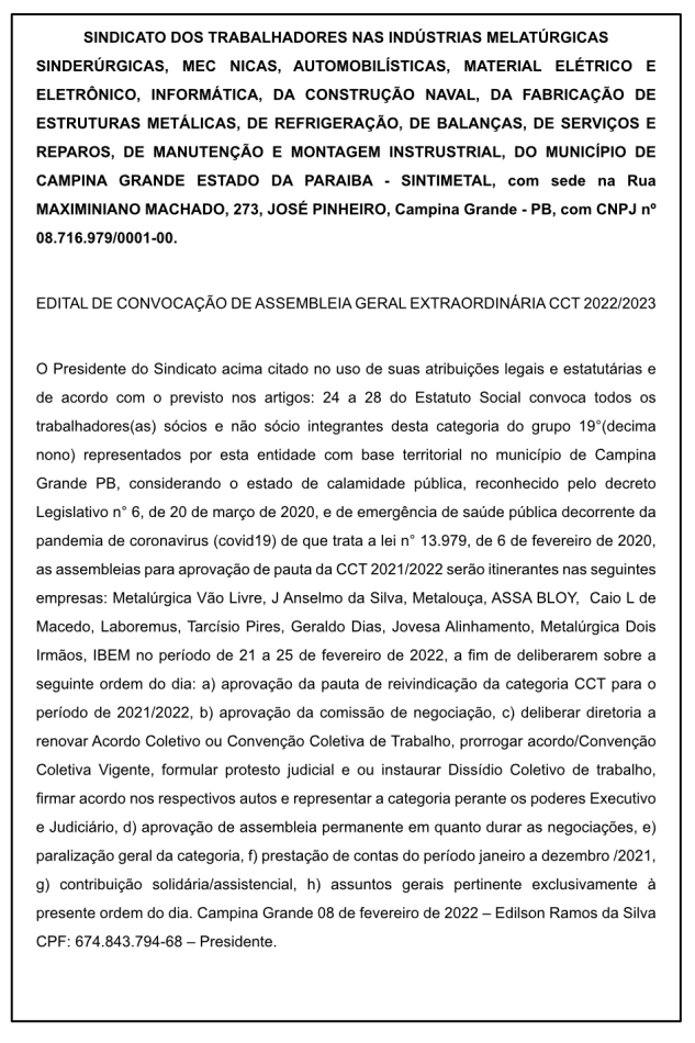SINTIMETAL – EDITAL DE CONVOCAÇÃO DE ASSEMBLEIA GERAL EXTRAORDINÁRIA CCT 2022/2023