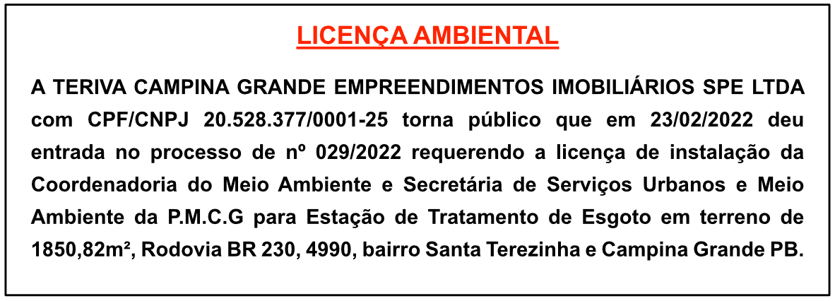 TERIVA CAMPINA GRANDE EMPREENDIMENTOS IMOBILIÁRIOS SPE LTDA – LICENÇA AMBIENTAL