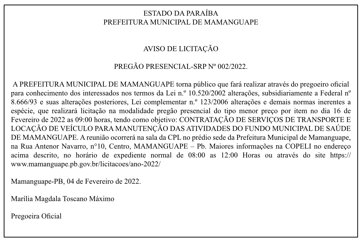 PREFEITURA MUNICIPAL DE MAMANGUAPE – AVISO DE LICITAÇÃO – PREGÃO PRESENCIAL-SRP Nº 002/2022