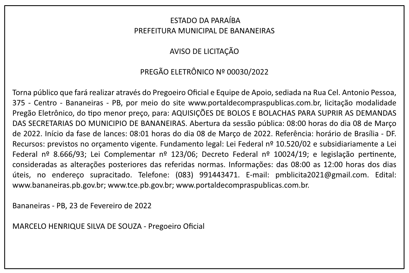PREFEITURA MUNICIPAL DE BANANEIRAS – AVISO DE LICITAÇÃO – PREGÃO ELETRÔNICO Nº 00030/2022