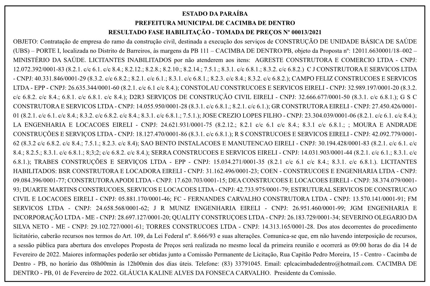 PREFEITURA MUNICIPAL DE CACIMBA DE DENTRO – RESULTADO FASE HABILITAÇÃO – TOMADA DE PREÇOS Nº 00013/2021