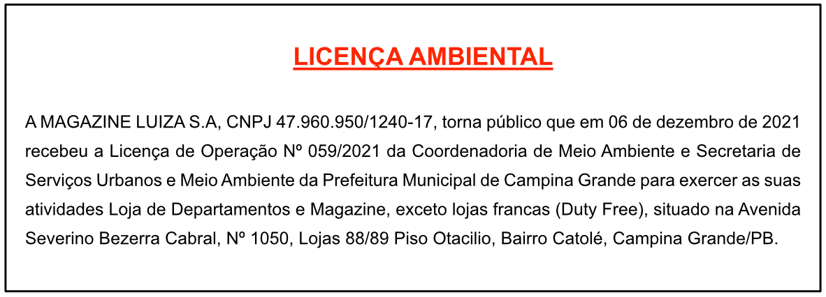 MAGAZINE LUIZA S.A – LICENÇA AMBIENTAL