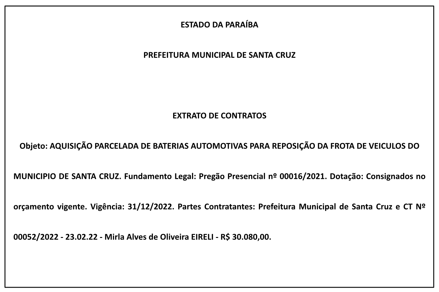 PREFEITURA MUNICIPAL DE SANTA CRUZ – EXTRATO DE CONTRATOS