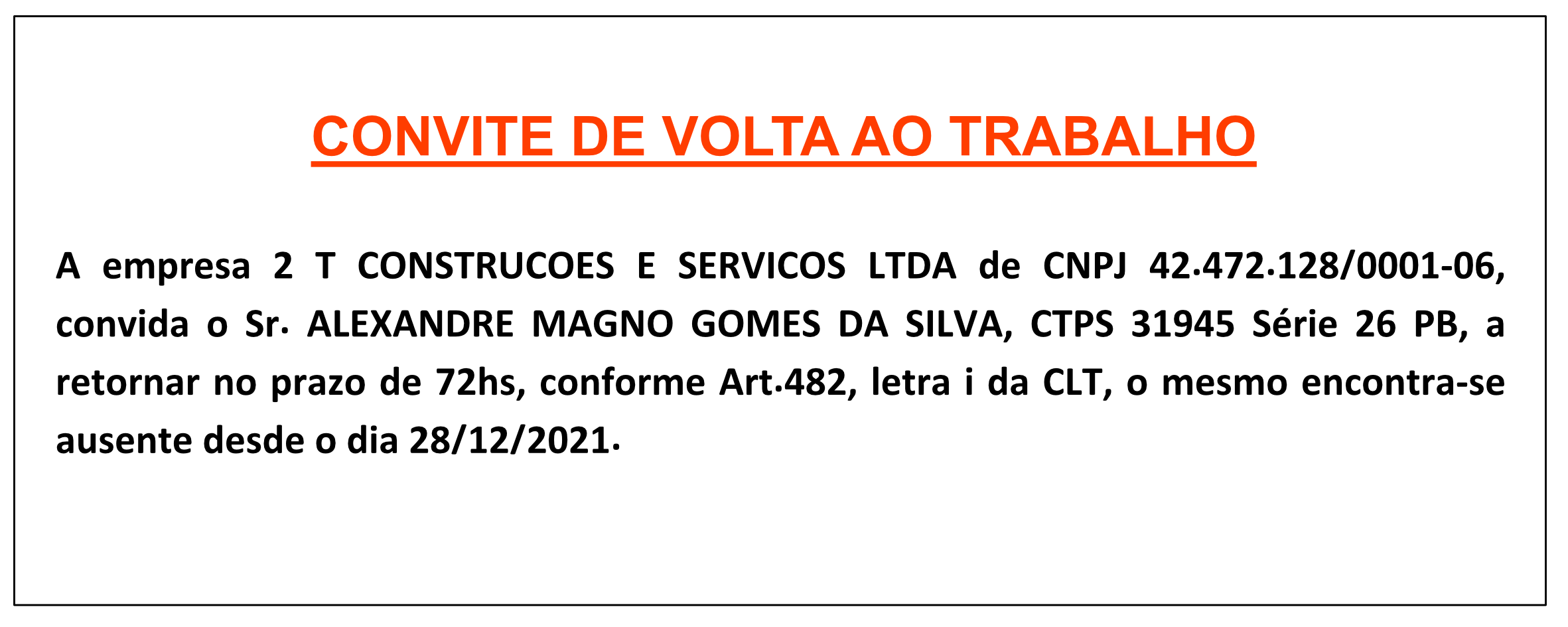 CONVITE DE VOLTA AO TRABALHO