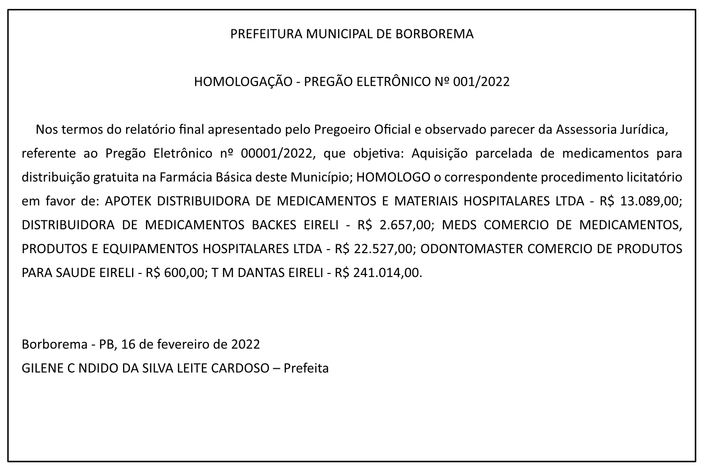 PREFEITURA MUNICIPAL DE BORBOREMA – HOMOLOGAÇÃO – PREGÃO ELETRÔNICO Nº 001/2022