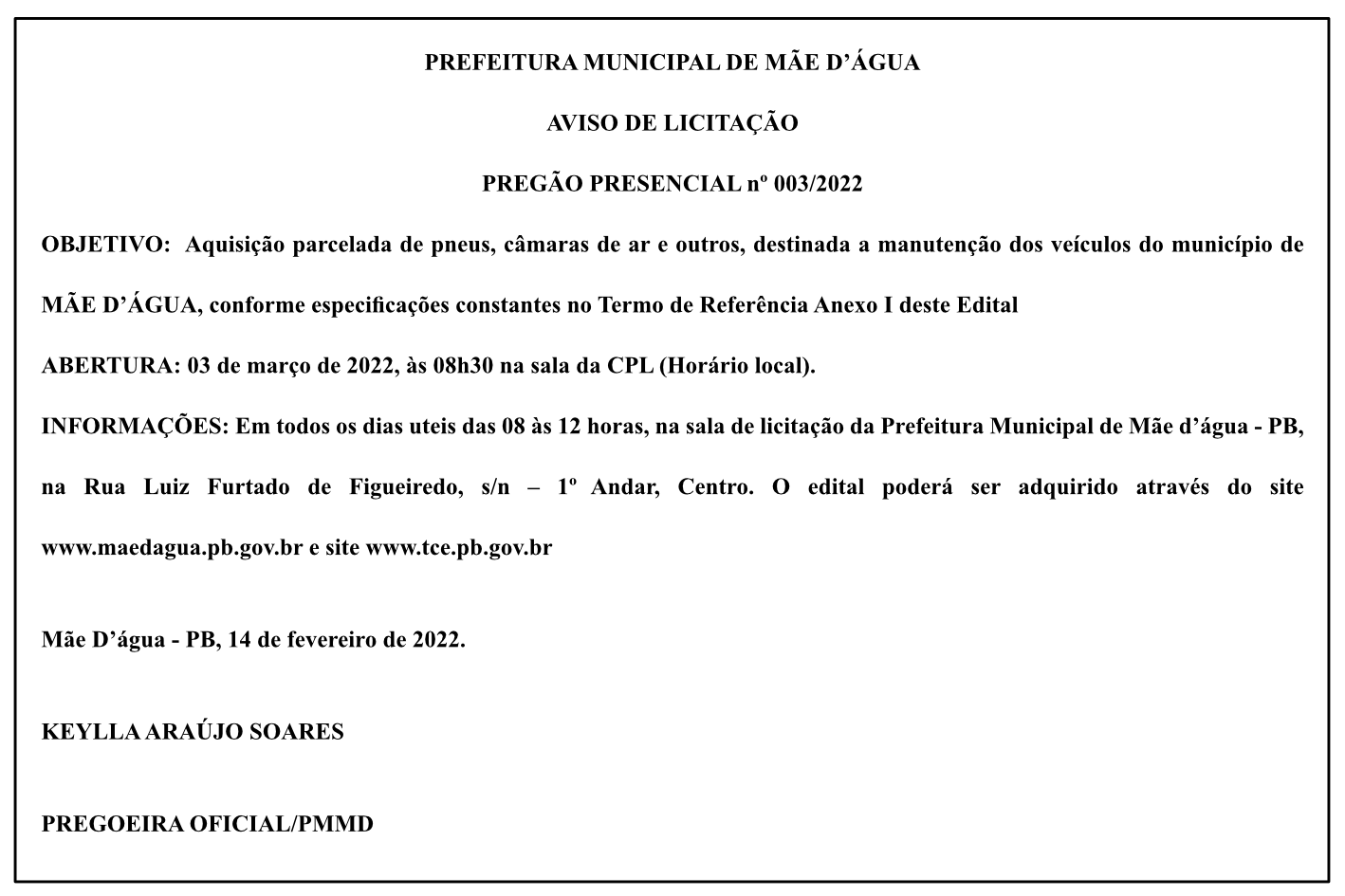 PREFEITURA MUNICIPAL DE MÃE D’ÁGUA – AVISO DE LICITAÇÃO – PREGÃO PRESENCIAL Nº 003/2022