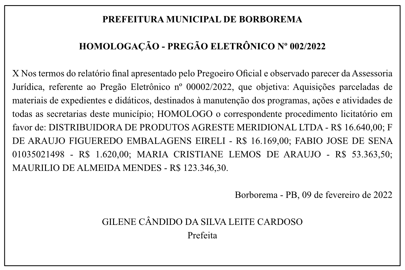 PREFEITURA MUNICIPAL DE BORBOREMA – HOMOLOGAÇÃO – PREGÃO ELETRÔNICO Nº 002/2022