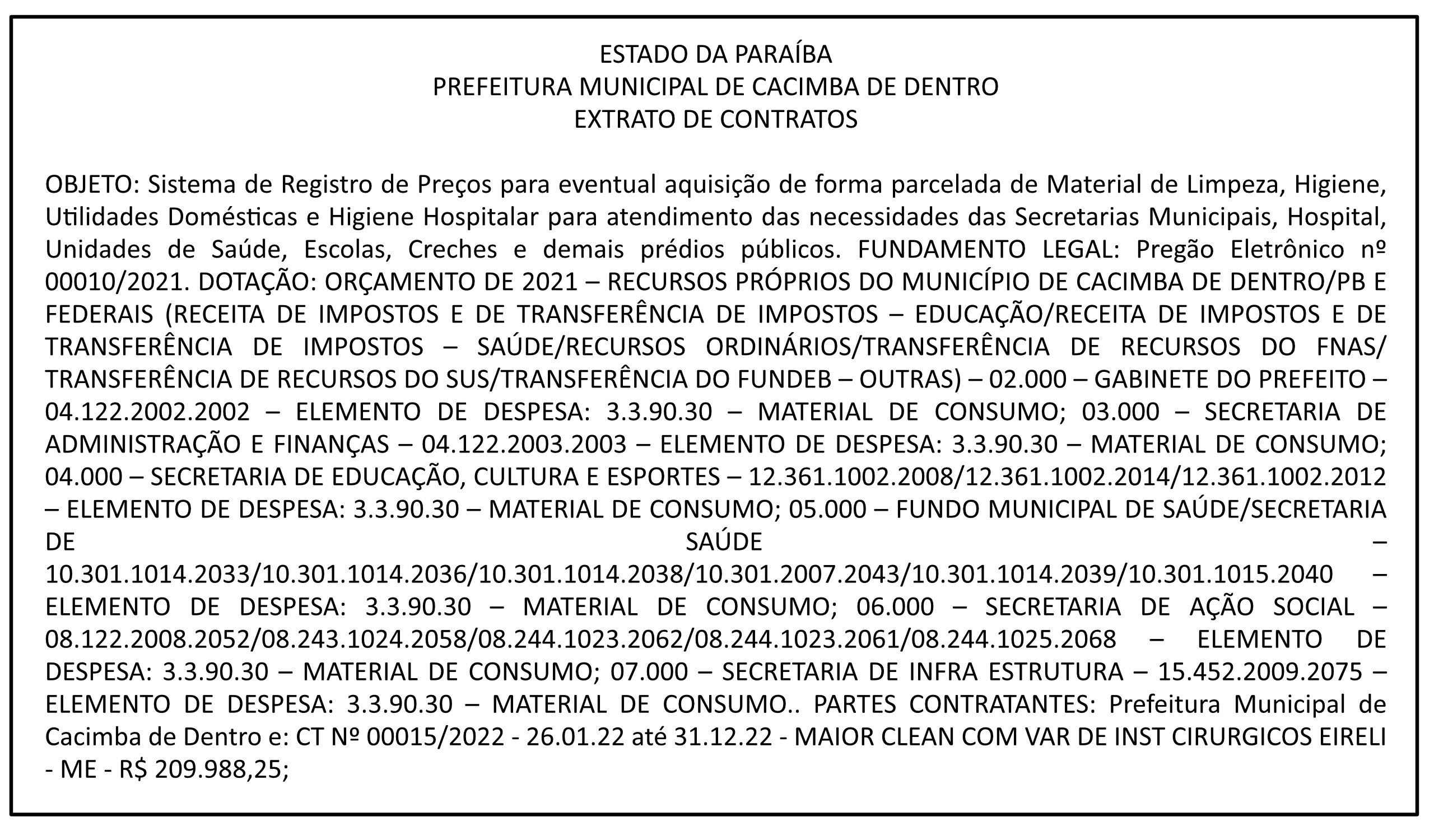 PREFEITURA MUNICIPAL DE CACIMBA DE DENTRO – EXTRATO DE CONTRATOS