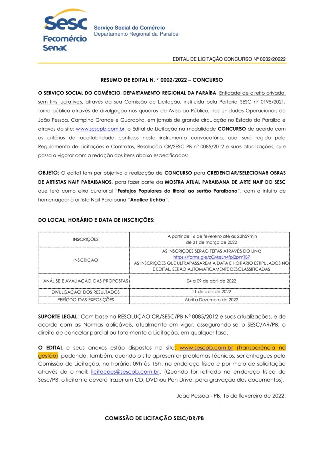 SESC – RESUMO DE EDITAL N.º 0002/2022 – CONCURSO