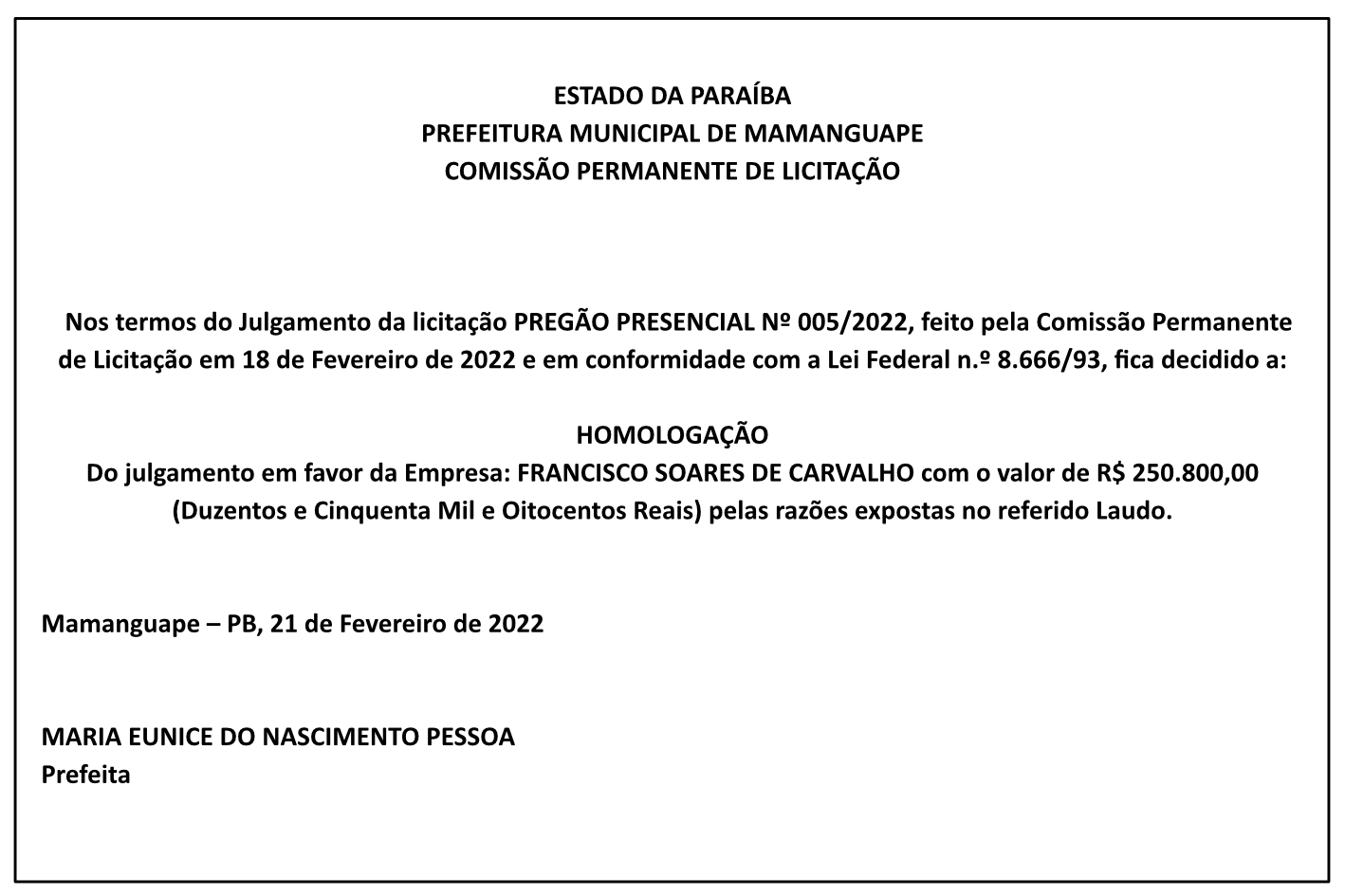 PREFEITURA MUNICIPAL DE MAMANGUAPE – HOMOLOGAÇÃO