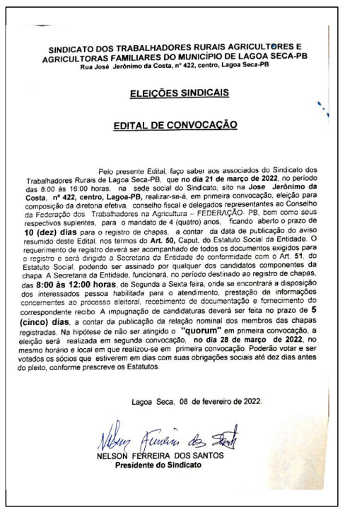 SINDICATO DOS TRABALHADORES RURAIS DE LAGOA SECA – EDITAL DE CONVOCAÇÃO