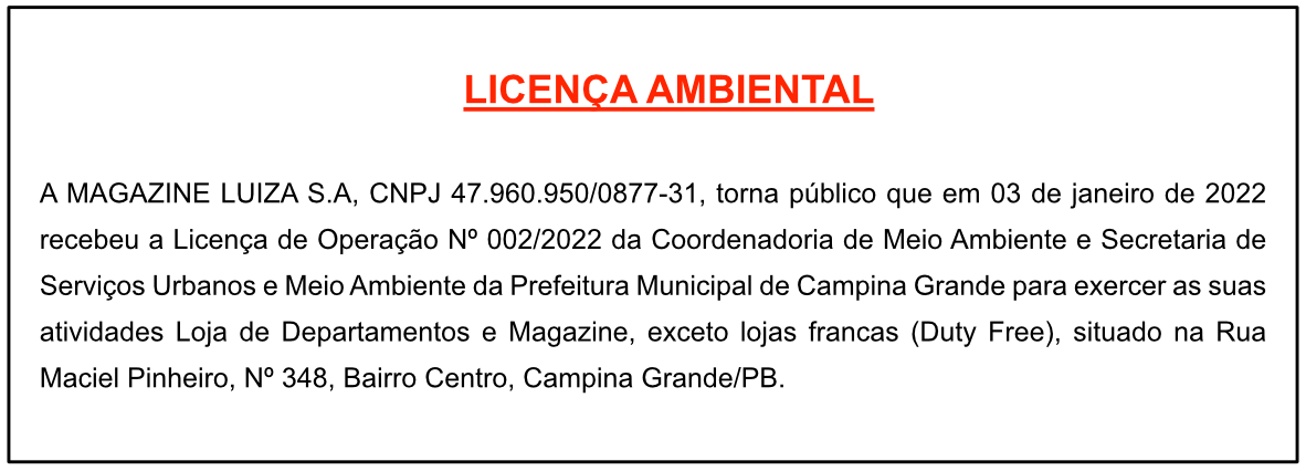 MAGAZINE LUIZA S.A – LICENÇA AMBIENTAL