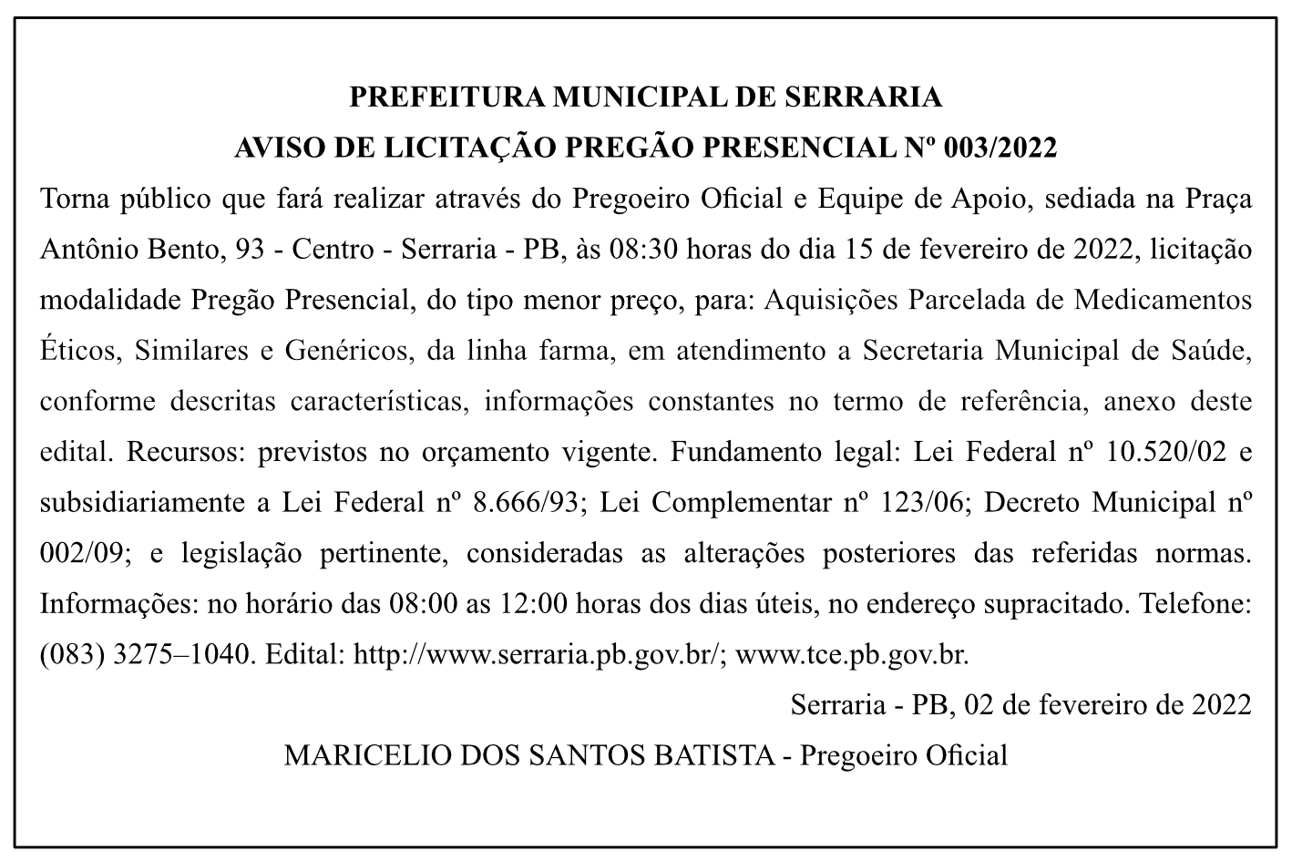 PREFEITURA MUNICIPAL DE SERRARIA – AVISO DE LICITAÇÃO – PREGÃO PRESENCIAL Nº 003/2022
