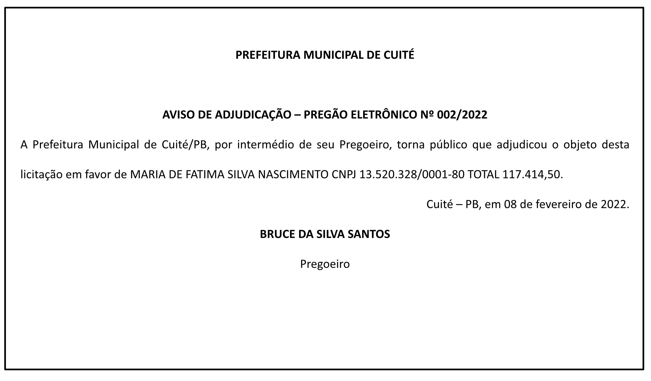 PREFEITURA MUNICIPAL DE CUITÉ – AVISO DE ADJUDICAÇÃO – PREGÃO ELETRÔNICO Nº 002/2022