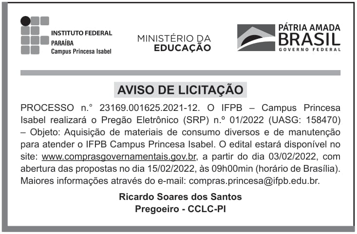 IFPB – PB – CAMPUS – PRINCESA ISABEL – AVISO DE LICITAÇÃO – PREGÃO ELETRÔNICO No 1/2022 – UASG 158470