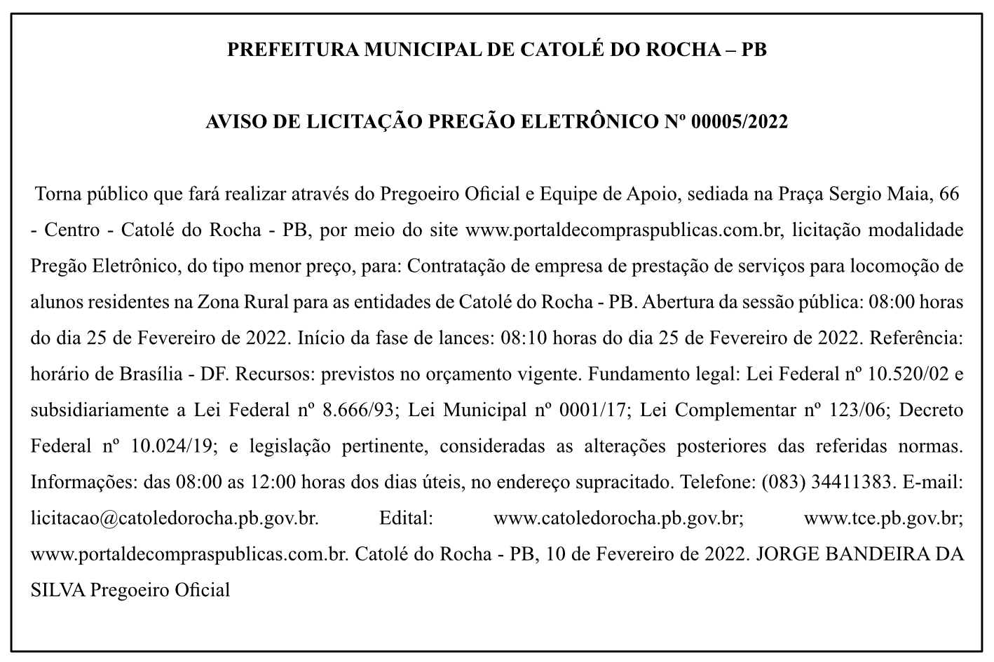 PREFEITURA MUNICIPAL DE CATOLÉ DO ROCHA – PB – AVISO DE LICITAÇÃO – PREGÃO ELETRÔNICO Nº 00005/2022
