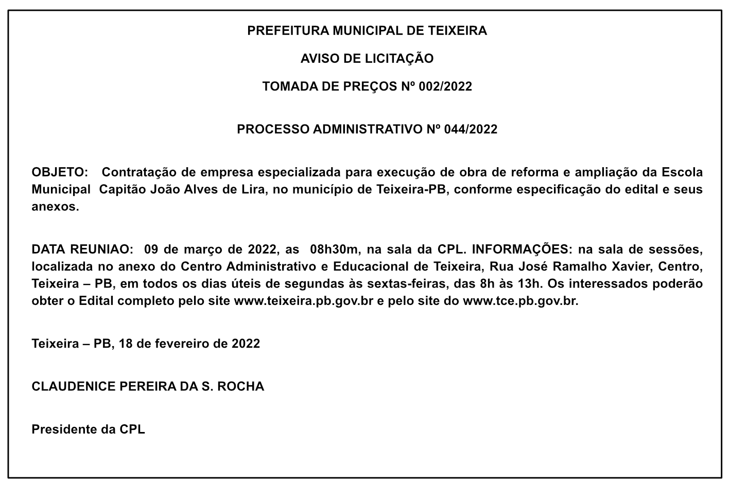 PREFEITURA MUNICIPAL DE TEIXEIRA – AVISO DE LICITAÇÃO – TOMADA DE PREÇOS Nº 002/2022