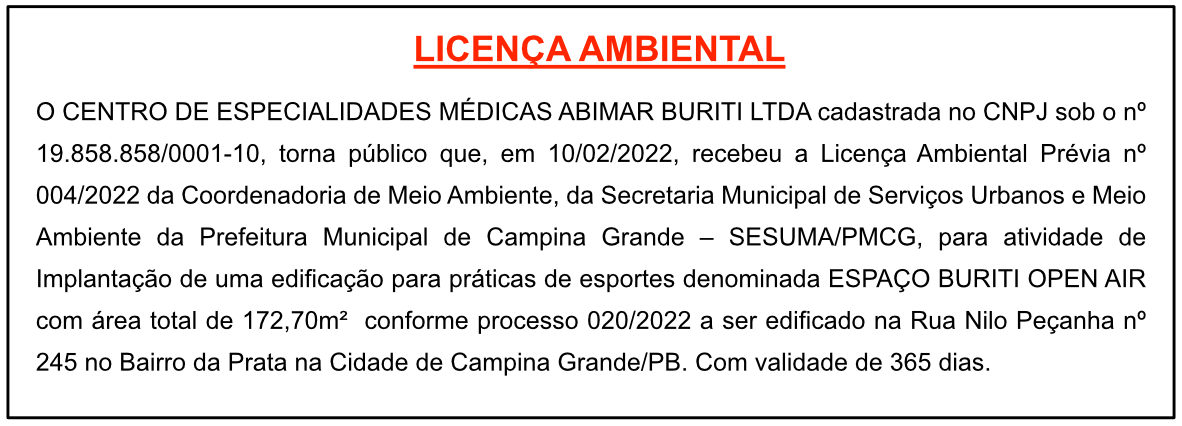 CENTRO DE ESPECIALIDADES MÉDICAS ABIMAR BURITI LTDA – LICENÇA AMBIENTAL
