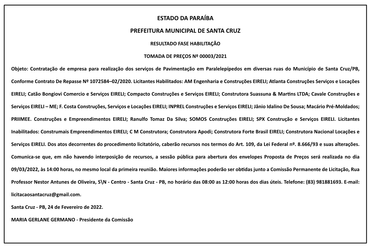 PREFEITURA MUNICIPAL DE SANTA CRUZ – RESULTADO FASE HABILITAÇÃO – TOMADA DE PREÇOS Nº 00003/2021