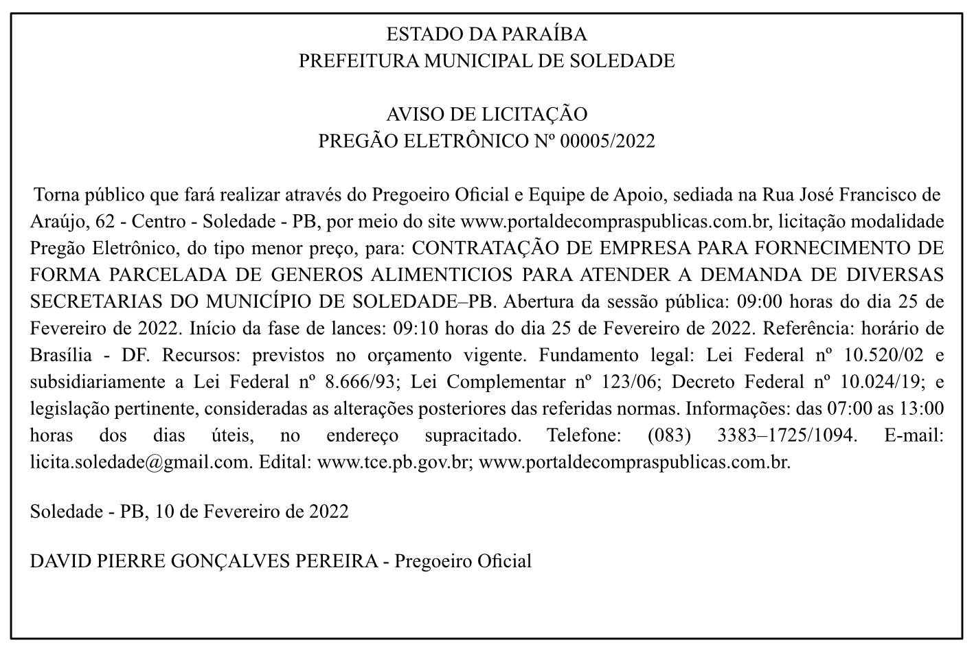 PREFEITURA MUNICIPAL DE SOLEDADE – AVISO DE LICITAÇÃO – PREGÃO ELETRÔNICO Nº 00005/2022