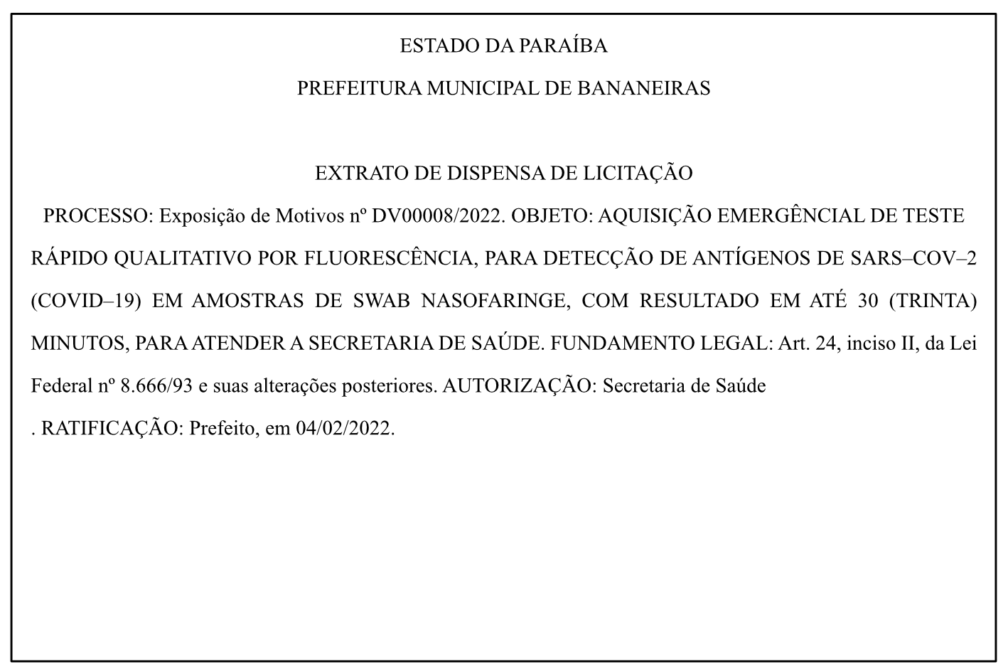 PREFEITURA MUNICIPAL DE BANANEIRAS – EXTRATO DE DISPENSA DE LICITAÇÃO