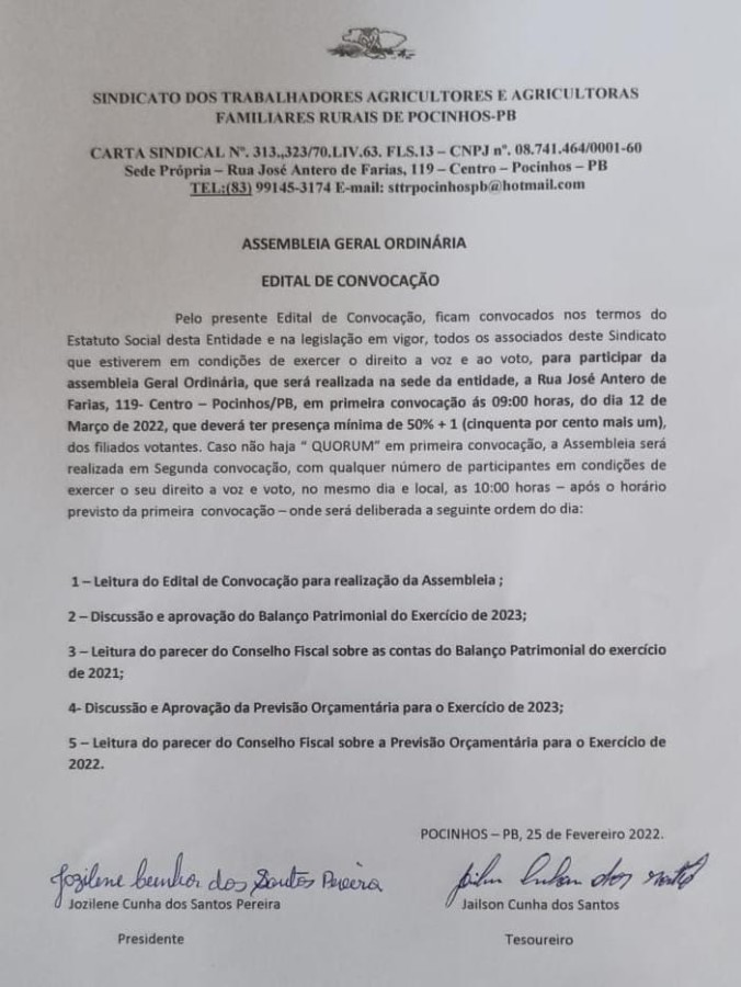 SINDICATO DOS TRABALHADORES AGRICULTORES E AGRICULTORAS FAMILIARES RURAIS DE POCINHOS – PB – ASSEMBLEIA GERAL ORDINÁRIA – EDITAL DE CONVOCAÇÃO
