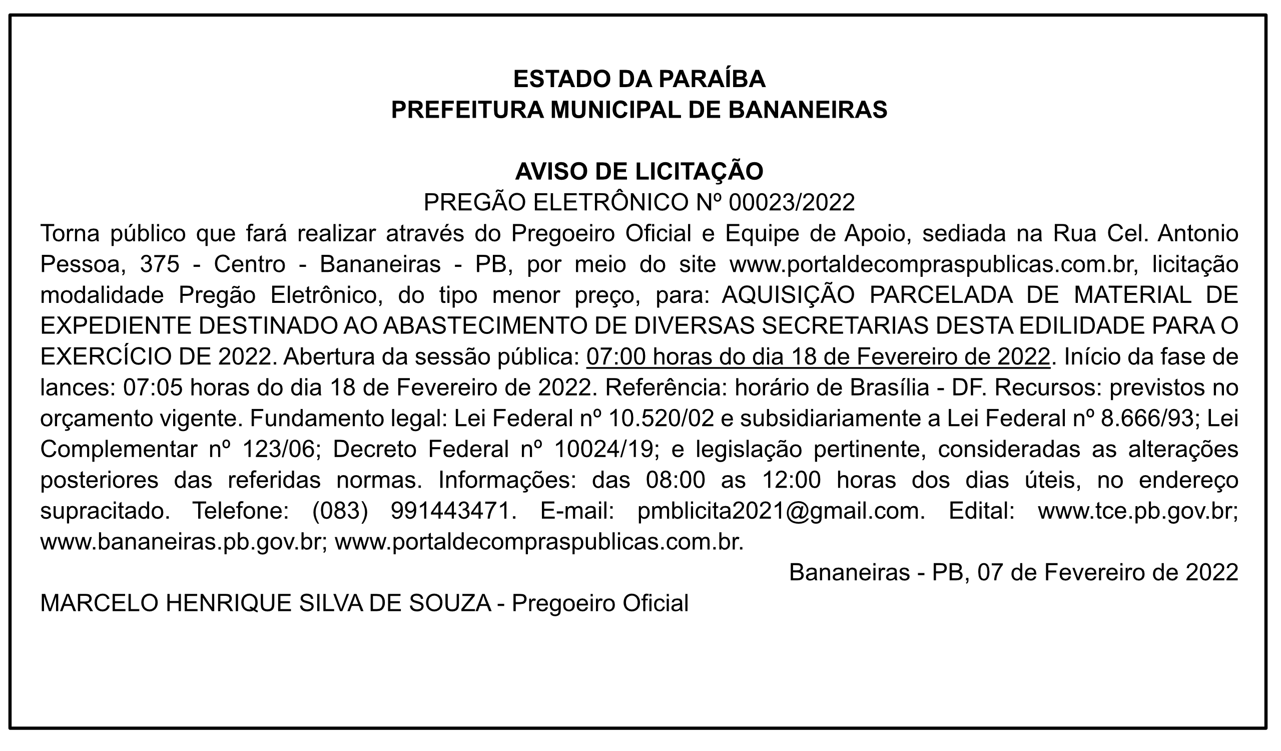 PREFEITURA MUNICIPAL DE BANANEIRAS – AVISO DE LICITAÇÃO – PREGÃO ELETRÔNICO Nº 00023/2022