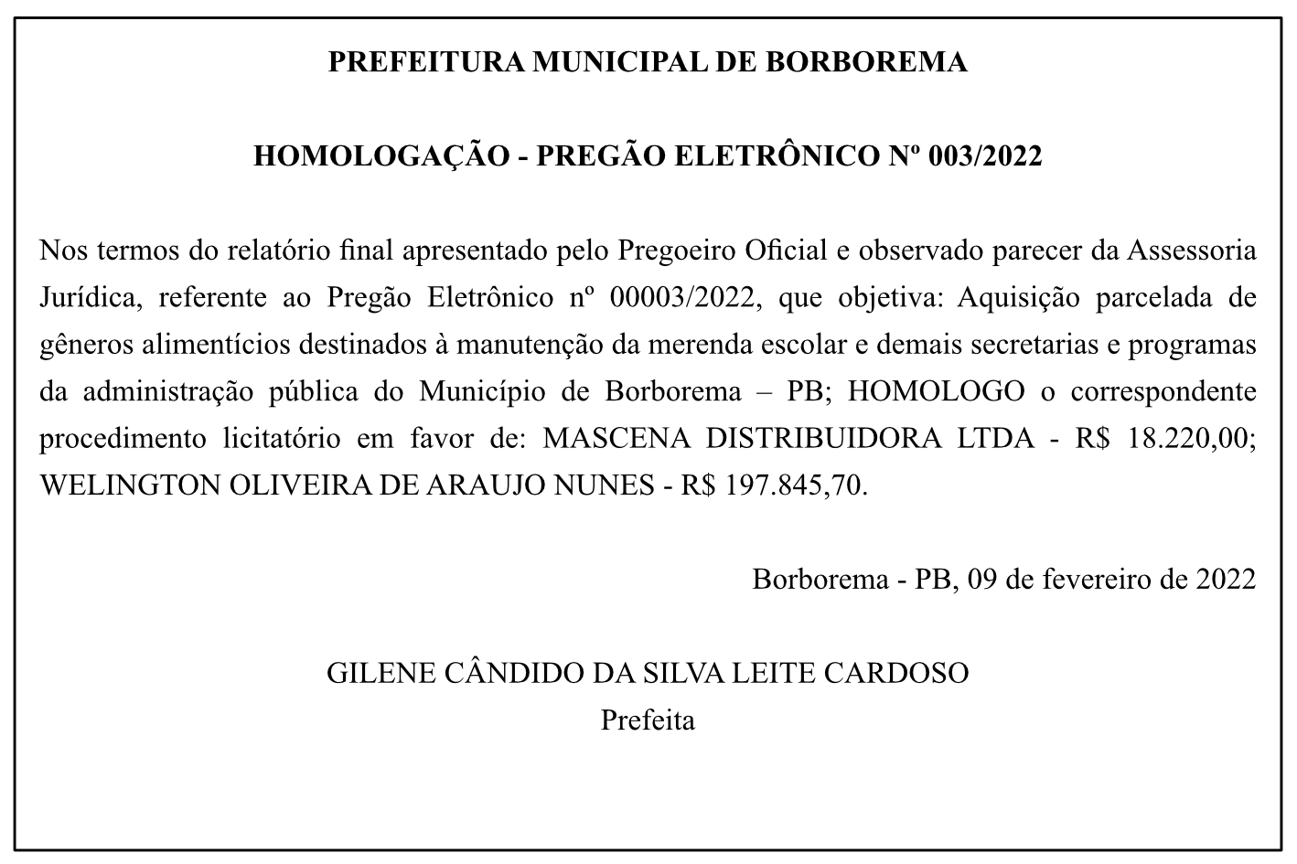 PREFEITURA MUNICIPAL DE BORBOREMA – HOMOLOGAÇÃO – PREGÃO ELETRÔNICO Nº 003/2022