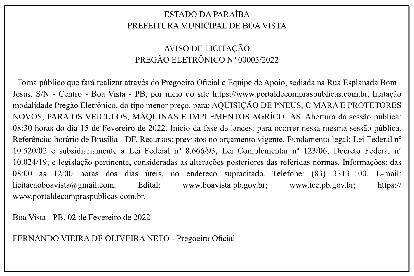 PREFEITURA MUNICIPAL DE BOA VISTA – AVISO DE LICITAÇÃO – PREGÃO ELETRÔNICO Nº 00003/2022