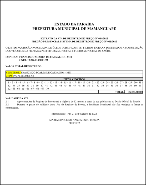 PREFEITURA MUNICIPAL DE MAMANGUAPE – EXTRATO DA ATA DE REGISTRO DE PREÇO Nº 004/2022 – PREGÃO PRESENCIAL – SISTEMA DE REGISTRO DE PREÇO Nº 005/2022