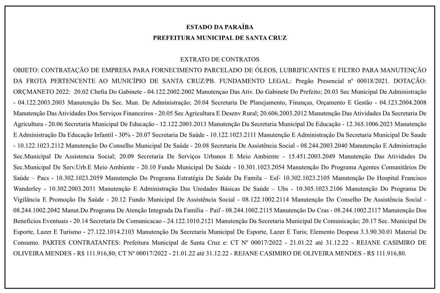 PREFEITURA MUNICIPAL DE SANTA CRUZ – EXTRATO DE CONTRATOS
