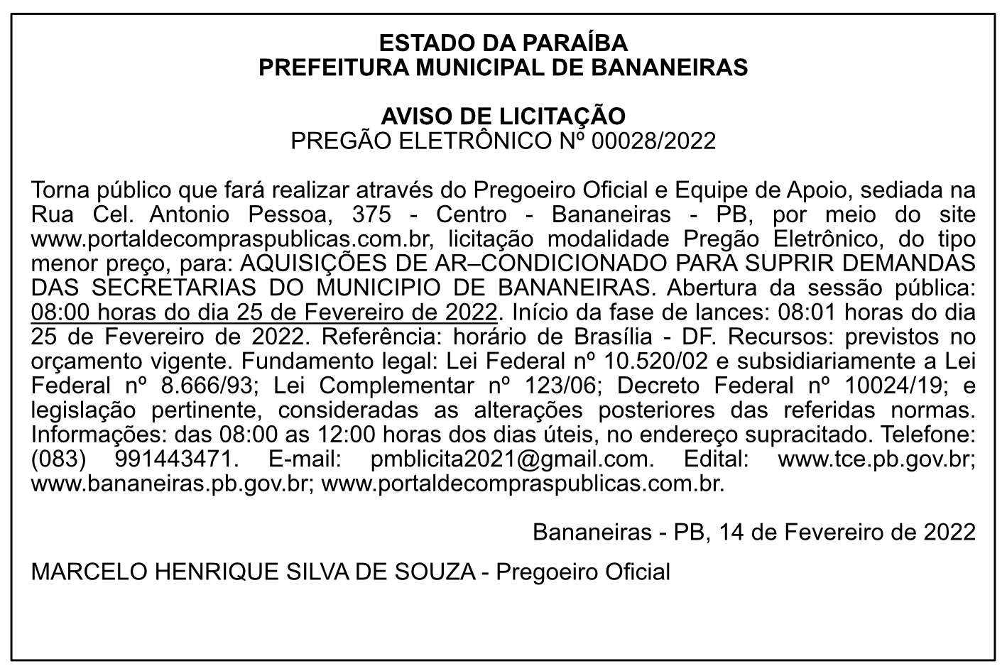 PREFEITURA MUNICIPAL DE BANANEIRAS – AVISO DE LICITAÇÃO – PREGÃO ELETRÔNICO Nº 00028/2022