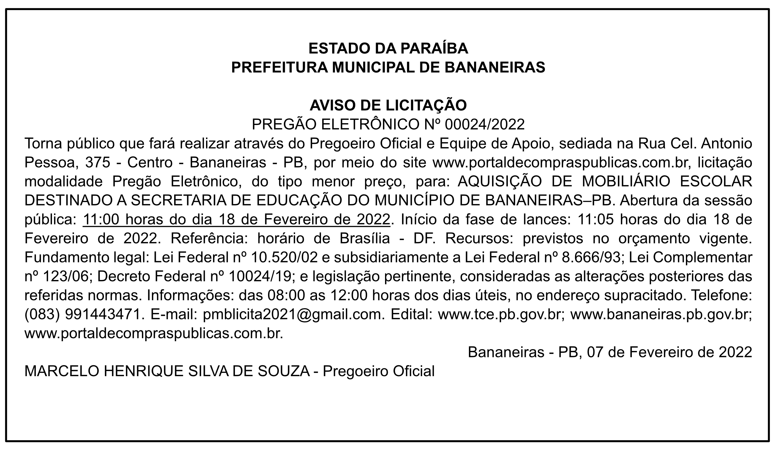 PREFEITURA MUNICIPAL DE BANANEIRAS – AVISO DE LICITAÇÃO – PREGÃO ELETRÔNICO Nº 00024/2022
