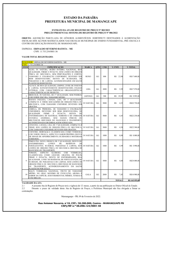 PREFEITURA MUNICIPAL DE MAMANGUAPE – EXTRATO DA ATA DE REGISTRO DE PREÇO Nº 003/2022 – PREGÃO PRESENCIAL – SISTEMA DE REGISTRO DE PREÇO Nº 006/2022