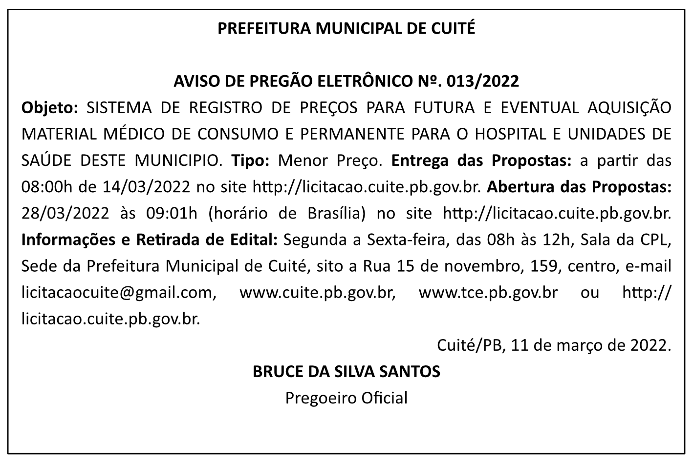PREFEITURA MUNICIPAL DE CUITÉ – AVISO DE PREGÃO ELETRÔNICO Nº 013/2022