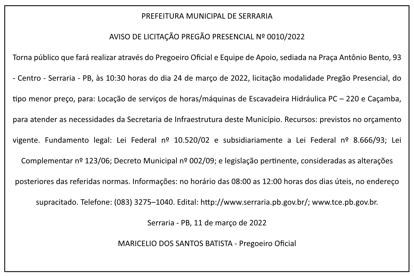 PREFEITURA MUNICIPAL DE SERRARIA – AVISO DE LICITAÇÃO – PREGÃO PRESENCIAL Nº 0010/2022